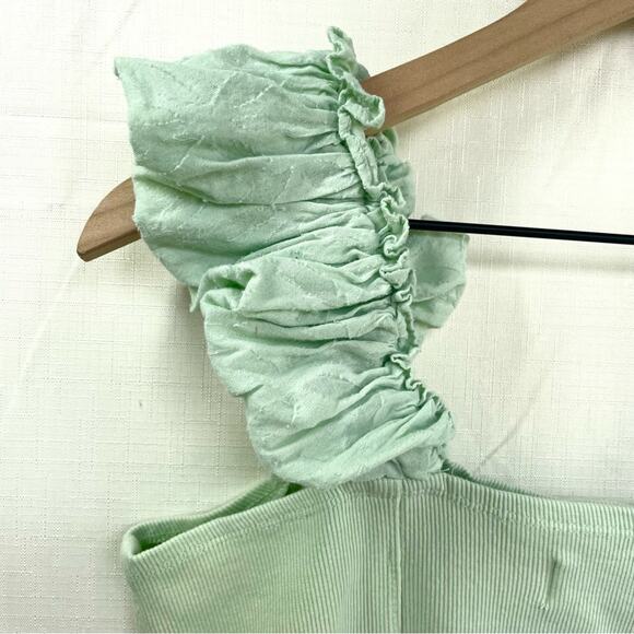 ANTHROPOLOGIE Puff Sleeve Cropped Tank Top Size L Mint Cottagecore Ribbed Cotton - Picture 5 of 11